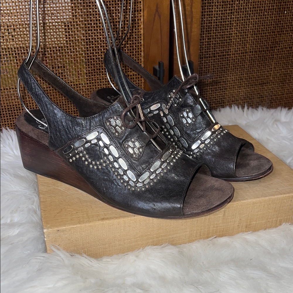 Colleen Cordero Handmade Slingback Wooden Wedge Peep Toe Sandals